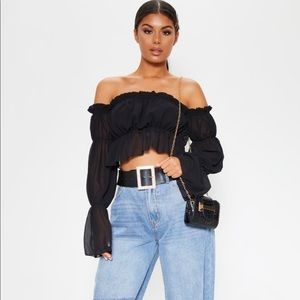 Black woven Bardot flared top